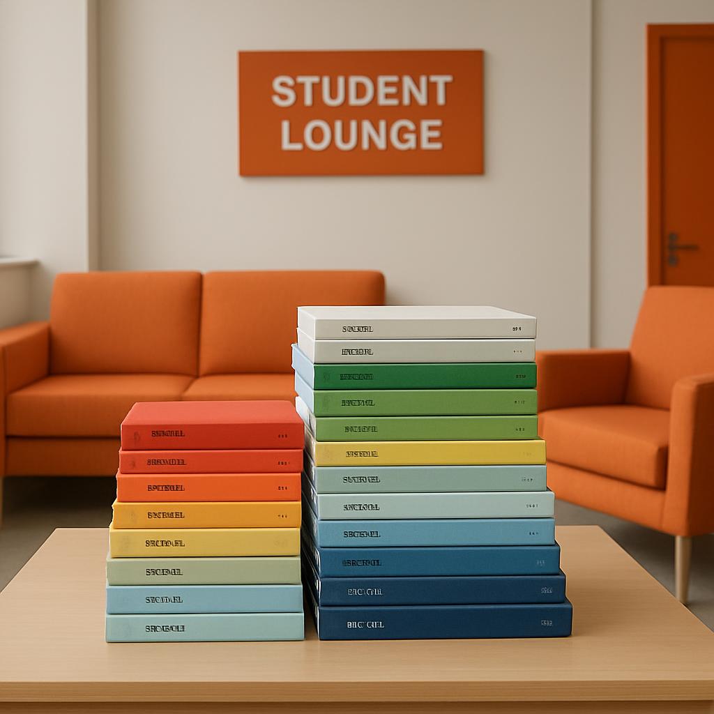 A student lounge with a sign, orange furniture, and colorful books.