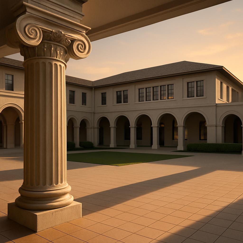 A patio of a large, beige two-story building with many archways at sunset.